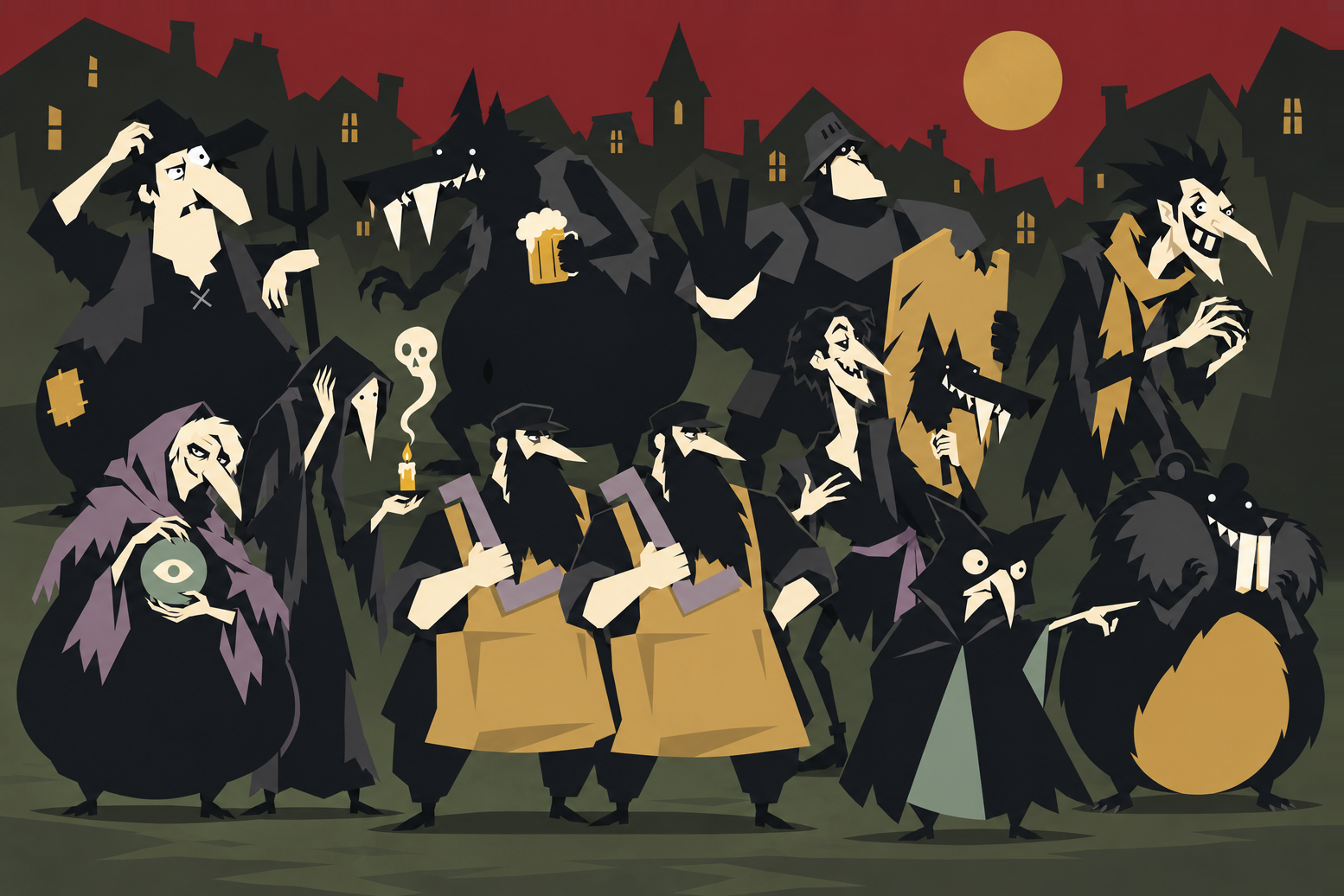 The Classic cast together: a wolf, villagers and special characters.
