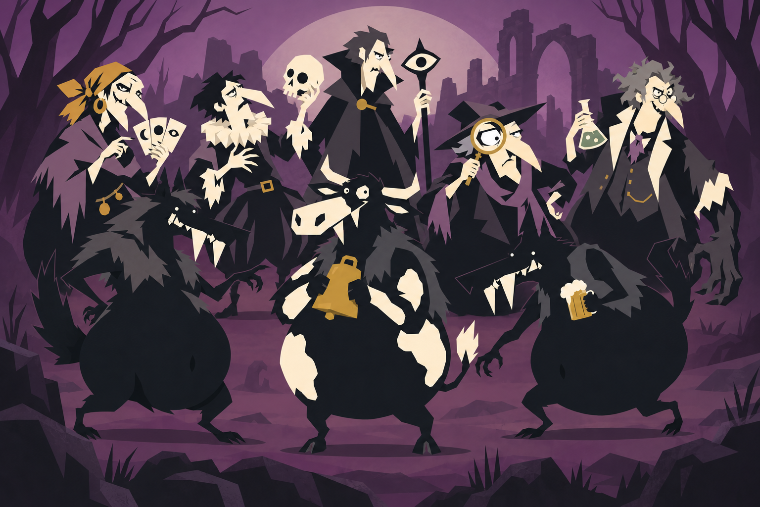 The eight Revenge of the She-Wolf characters among ruins and twisted trees beneath the moon.